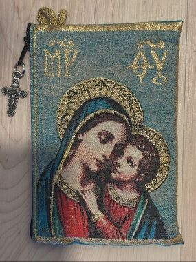 Vintage Tapestry Rosary Pouch with Antiqued Tone Crucifix